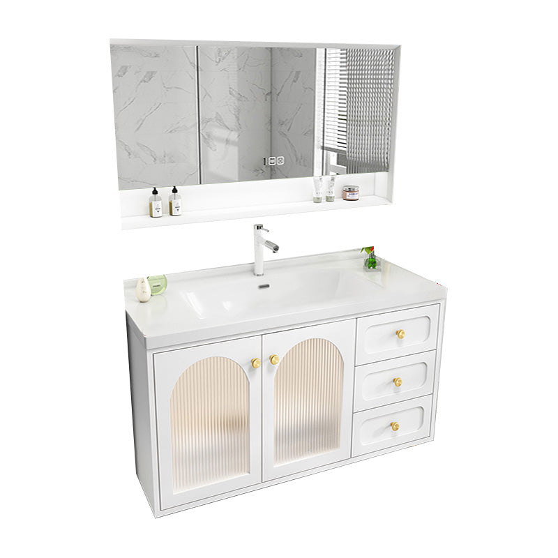 Glam Sink Vanity Single White Rectangular Ceramic Top Bathroom Vanity Vanity & Faucet & Mirror Cabinet https: res.litfad.com site img item 2023 02 21 7610728 1200x1200.jpg Clearhalo 'Bathroom Remodel & Bathroom Fixtures' 'Bathroom Vanities' 'bathroom_vanities' 'Home Improvement' 'home_improvement' 'home_improvement_bathroom_vanities' 7610728