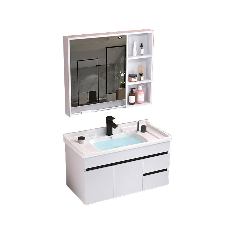 Modern Sink Vanity White Ceramic Top Oval Single-Sink Bath Vanity Vanity & Faucet & Mirror Cabinet 32"L x 19"W x 19"H White Clearhalo 'Bathroom Remodel & Bathroom Fixtures' 'Bathroom Vanities' 'bathroom_vanities' 'Home Improvement' 'home_improvement' 'home_improvement_bathroom_vanities' 7610815