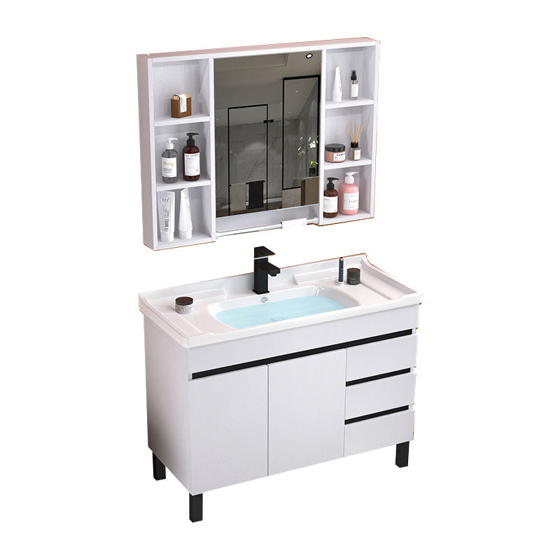 Modern Sink Vanity White Ceramic Top Oval Single-Sink Bath Vanity Vanity & Faucet & Mirror Cabinet 35.8"L x 18.9"W x 32.7"H White Clearhalo 'Bathroom Remodel & Bathroom Fixtures' 'Bathroom Vanities' 'bathroom_vanities' 'Home Improvement' 'home_improvement' 'home_improvement_bathroom_vanities' 7610821