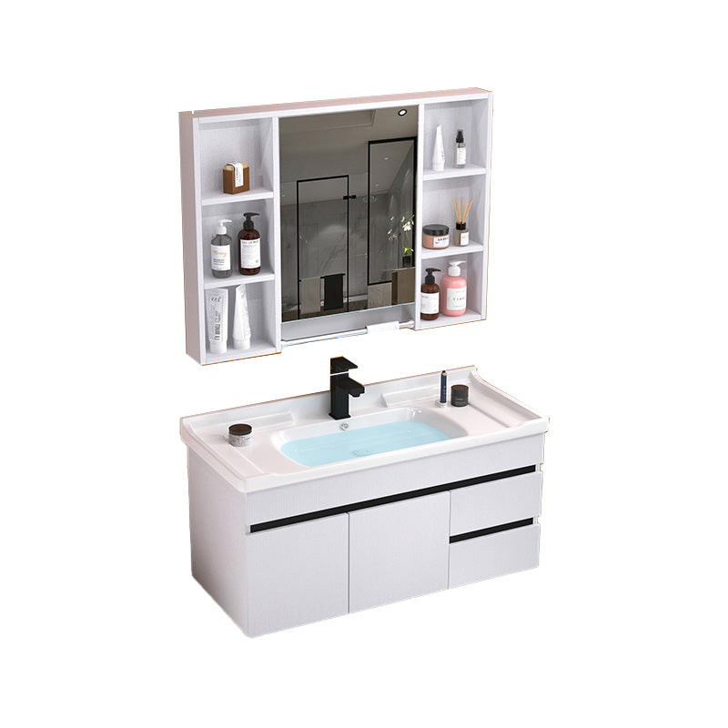 Modern Sink Vanity White Ceramic Top Oval Single-Sink Bath Vanity Vanity & Faucet & Mirror Cabinet 36"L x 19"W x 19"H White Clearhalo 'Bathroom Remodel & Bathroom Fixtures' 'Bathroom Vanities' 'bathroom_vanities' 'Home Improvement' 'home_improvement' 'home_improvement_bathroom_vanities' 7610826