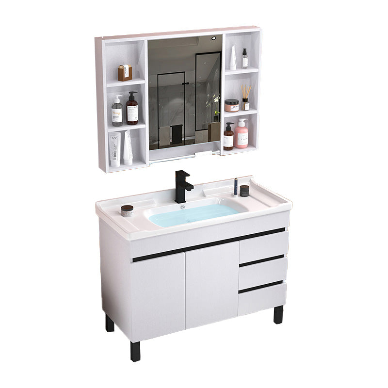 Modern Sink Vanity White Ceramic Top Oval Single-Sink Bath Vanity Vanity & Faucet & Mirror Cabinet 31.9"L x 18.9"W x 32.7"H White Cream Clearhalo 'Bathroom Remodel & Bathroom Fixtures' 'Bathroom Vanities' 'bathroom_vanities' 'Home Improvement' 'home_improvement' 'home_improvement_bathroom_vanities' 7610830