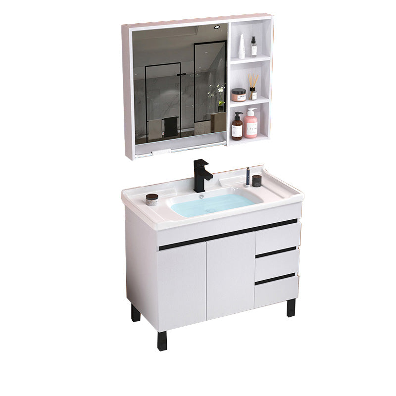 Modern Sink Vanity White Ceramic Top Oval Single-Sink Bath Vanity Vanity & Faucet & Mirror Cabinet 31.9"L x 18.9"W x 32.7"H White Clearhalo 'Bathroom Remodel & Bathroom Fixtures' 'Bathroom Vanities' 'bathroom_vanities' 'Home Improvement' 'home_improvement' 'home_improvement_bathroom_vanities' 7610833