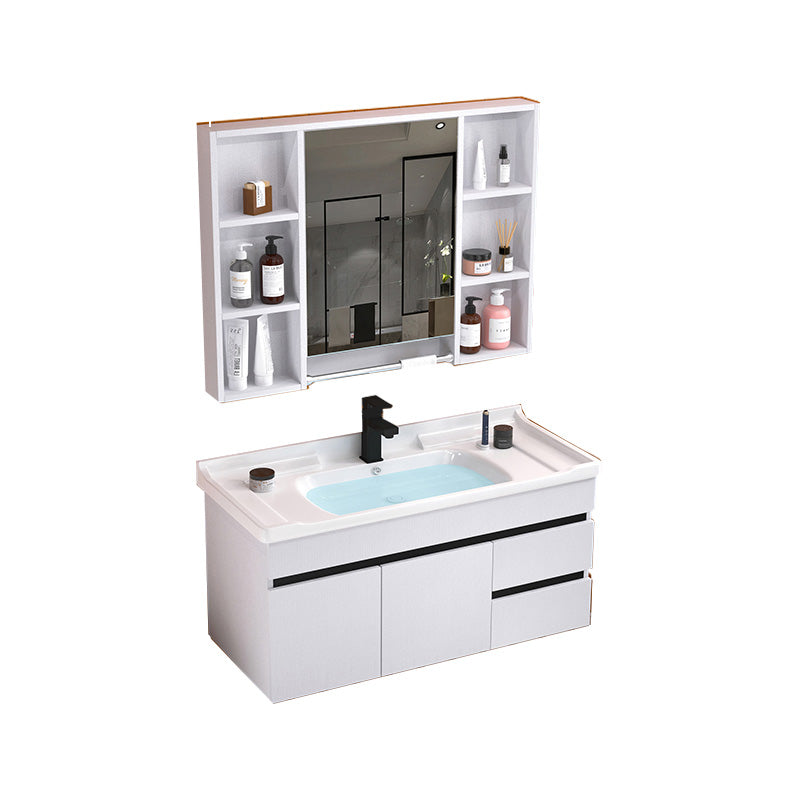 Modern Sink Vanity White Ceramic Top Oval Single-Sink Bath Vanity Vanity & Faucet & Mirror Cabinet 32"L x 19"W x 19"H White Cream Clearhalo 'Bathroom Remodel & Bathroom Fixtures' 'Bathroom Vanities' 'bathroom_vanities' 'Home Improvement' 'home_improvement' 'home_improvement_bathroom_vanities' 7610835