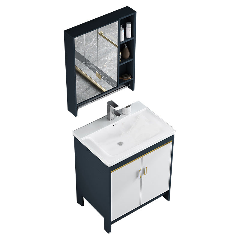 Glam Bathroom Vanity Single Ceramic Top Rectangular Bath Vanity Vanity & Faucet & Mirror Cabinet 28"L x 20"W x 31"H Clearhalo 'Bathroom Remodel & Bathroom Fixtures' 'Bathroom Vanities' 'bathroom_vanities' 'Home Improvement' 'home_improvement' 'home_improvement_bathroom_vanities' 7610910