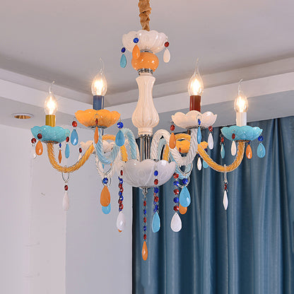 Kids Multi-Color Chandelier Fake Candle Glass Hanging Light with Crystal for Game Room 6 Yellow-Blue Clearhalo 'Ceiling Lights' 'Chandeliers' Lighting' options 76146_24fad0c3-f103-45ce-97b6-29d3c51cba3d