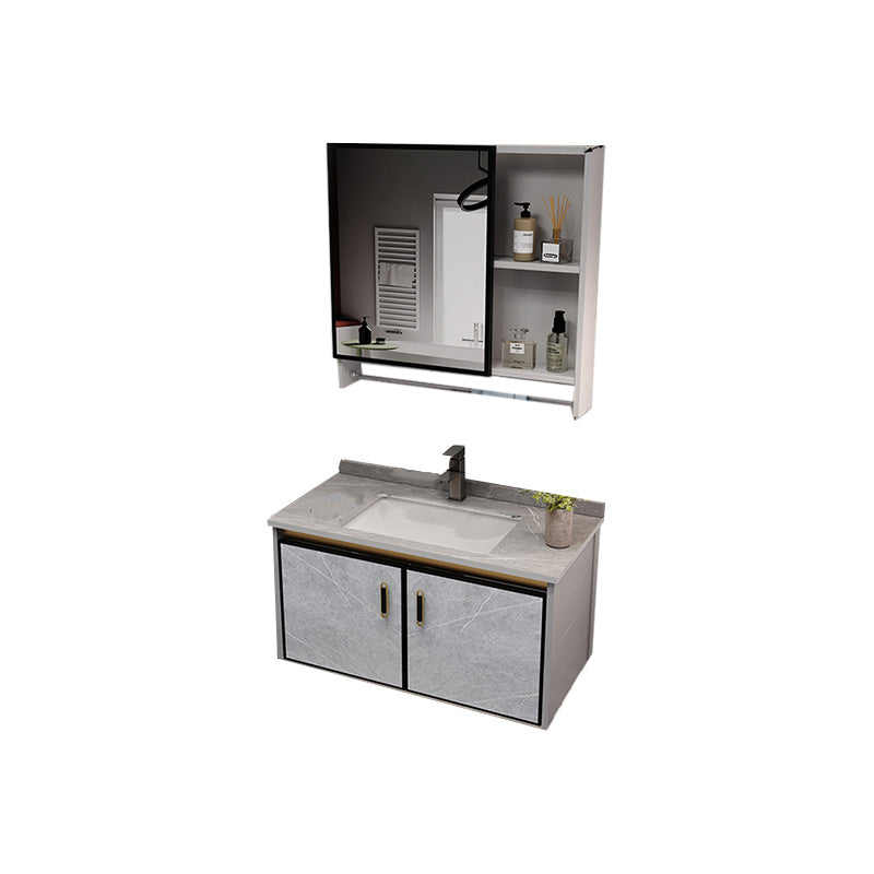 Glam Metal Sink Vanity Wall Mount Bathroom Vanity Set with Mirror Vanity & Faucet & Mirror Cabinet 32"L x 19"W x 15"H Stone Clearhalo 'Bathroom Remodel & Bathroom Fixtures' 'Bathroom Vanities' 'bathroom_vanities' 'Home Improvement' 'home_improvement' 'home_improvement_bathroom_vanities' 7623571