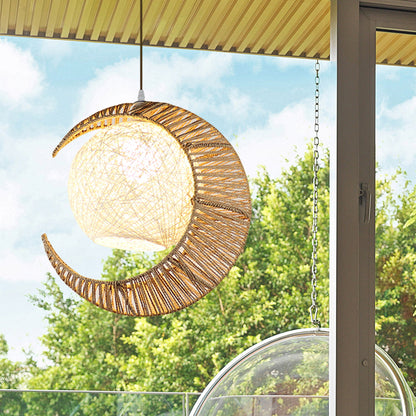 Flaxen Moon and Ball Hanging Lighting Asia 1 Bulb Rattan Ceiling Pendant Lamp for Balcony Flaxen Clearhalo 'Ceiling Lights' 'Pendant Lights' 'Pendants' Lighting' 762720_25562247-a5d5-4df6-a688-e31ae18dcb09