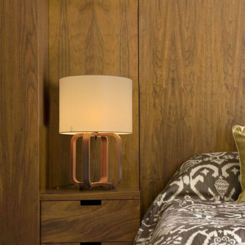 Drum and Squared Frame Table Light Asian Wood 1-Light Bedroom Night Lamp in Beige Clearhalo 'Lamps' 'Table Lamps' Lighting' 762765