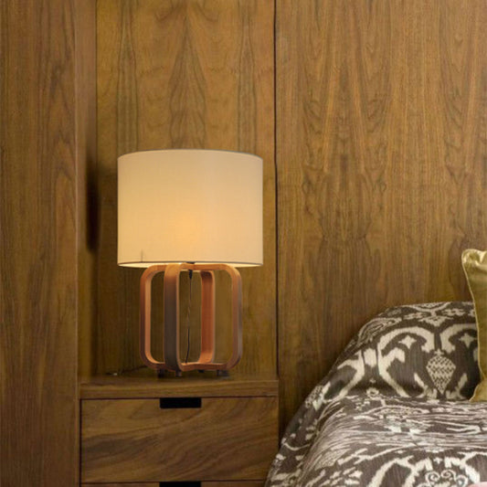 Drum and Squared Frame Table Light Asian Wood 1-Light Bedroom Night Lamp in Beige Clearhalo 'Lamps' 'Table Lamps' Lighting' 762765