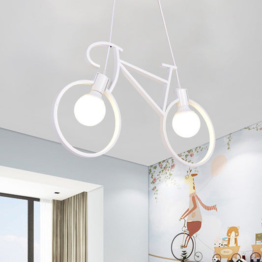Black/White City Bike Hanging Light Kids 2-Light Iron Suspension Pendant with Open Bulb Design White Clearhalo 'Ceiling Lights' 'Island Lights' Lighting' 762883