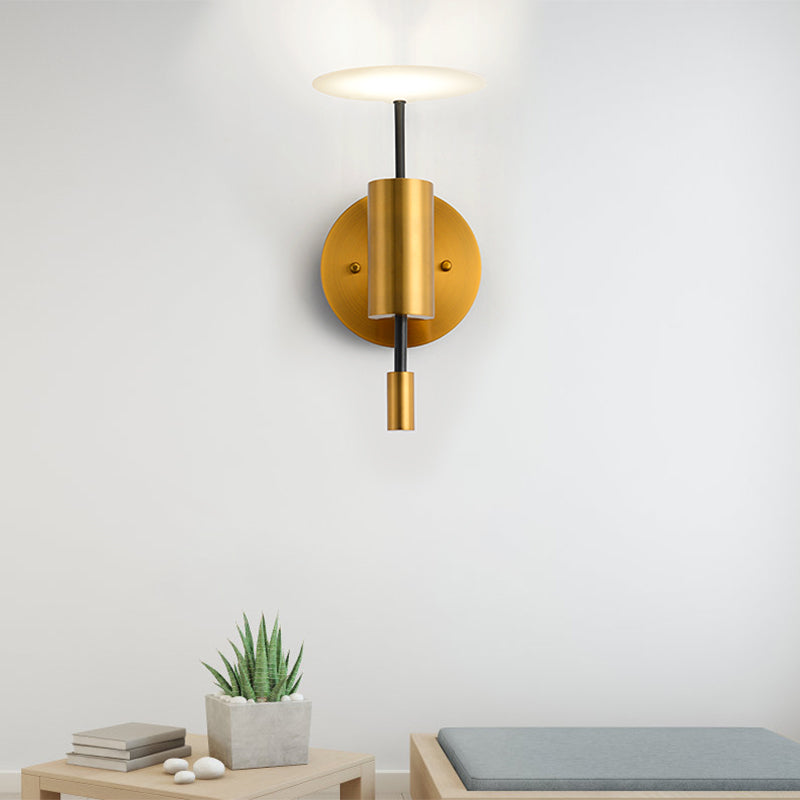 Brass Tube Wall Mounted Light Postmodern 1-Bulb Metal LED Sconce Lamp with  Disk Top