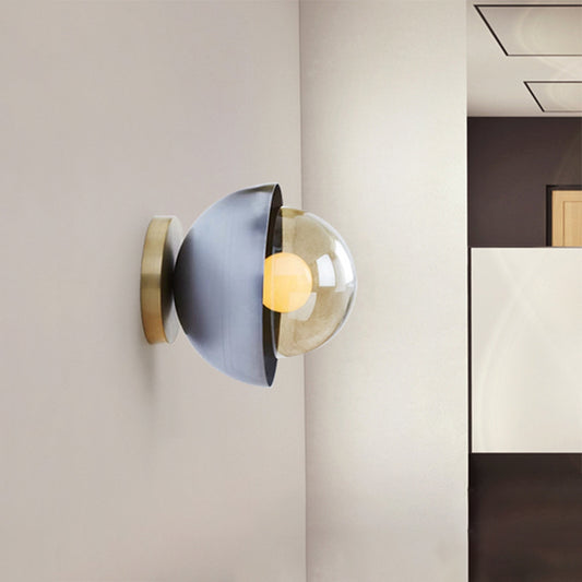 Metallic Semicircle Sconce Lighting Modernist 1-Light Brass/Chrome Wall Lamp Fixture with Orb Tan Glass Shade for Corridor Chrome Clearhalo 'Cast Iron' 'Glass' 'Industrial' 'Modern wall lights' 'Modern' 'Tiffany' 'Traditional wall lights' 'Wall Lamps & Sconces' 'Wall Lights' Lighting' 763253