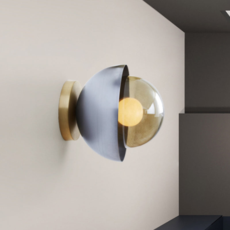 Metallic Semicircle Sconce Lighting Modernist 1-Light Brass/Chrome Wall Lamp Fixture with Orb Tan Glass Shade for Corridor Clearhalo 'Cast Iron' 'Glass' 'Industrial' 'Modern wall lights' 'Modern' 'Tiffany' 'Traditional wall lights' 'Wall Lamps & Sconces' 'Wall Lights' Lighting' 763254