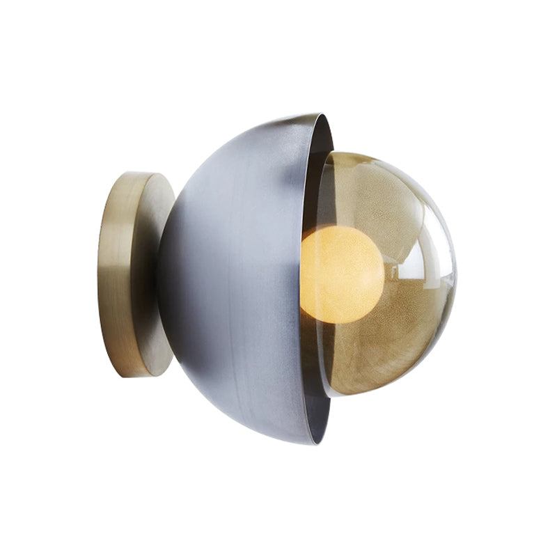 Metallic Semicircle Sconce Lighting Modernist 1-Light Brass/Chrome Wall Lamp Fixture with Orb Tan Glass Shade for Corridor Clearhalo 'Cast Iron' 'Glass' 'Industrial' 'Modern wall lights' 'Modern' 'Tiffany' 'Traditional wall lights' 'Wall Lamps & Sconces' 'Wall Lights' Lighting' 763255