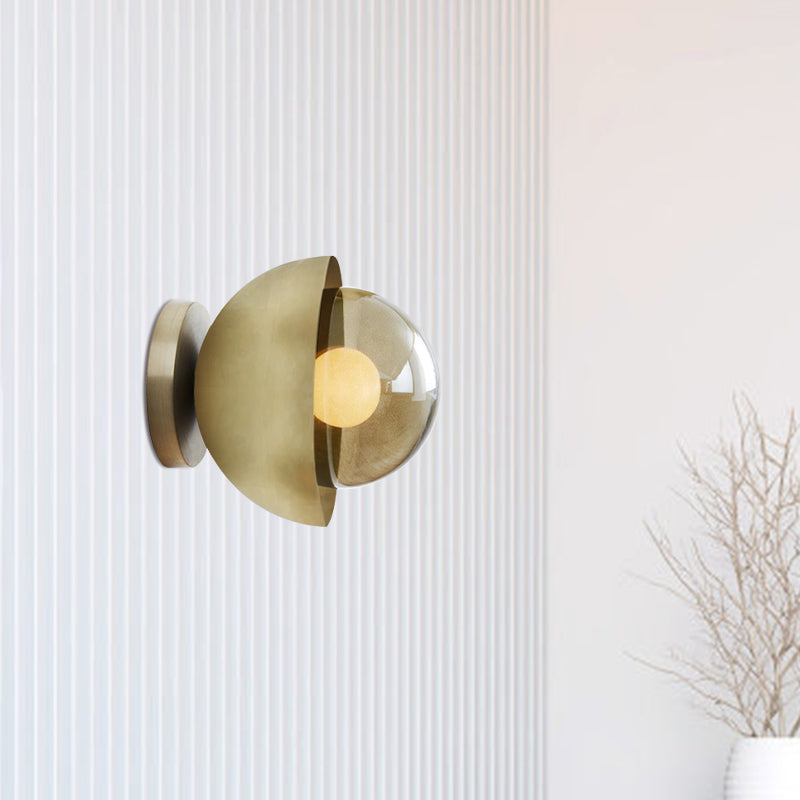 Metallic Semicircle Sconce Lighting Modernist 1-Light Brass/Chrome Wall Lamp Fixture with Orb Tan Glass Shade for Corridor Clearhalo 'Cast Iron' 'Glass' 'Industrial' 'Modern wall lights' 'Modern' 'Tiffany' 'Traditional wall lights' 'Wall Lamps & Sconces' 'Wall Lights' Lighting' 763258