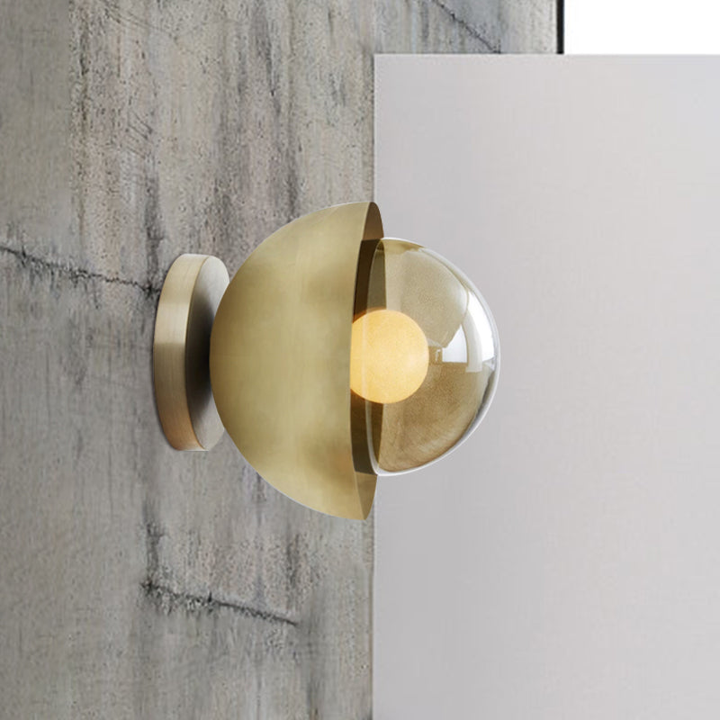 Metallic Semicircle Sconce Lighting Modernist 1-Light Brass/Chrome Wall Lamp Fixture with Orb Tan Glass Shade for Corridor Clearhalo 'Cast Iron' 'Glass' 'Industrial' 'Modern wall lights' 'Modern' 'Tiffany' 'Traditional wall lights' 'Wall Lamps & Sconces' 'Wall Lights' Lighting' 763259