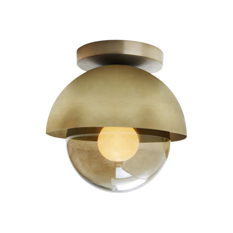 Metallic Semicircle Sconce Lighting Modernist 1-Light Brass/Chrome Wall Lamp Fixture with Orb Tan Glass Shade for Corridor Clearhalo 'Cast Iron' 'Glass' 'Industrial' 'Modern wall lights' 'Modern' 'Tiffany' 'Traditional wall lights' 'Wall Lamps & Sconces' 'Wall Lights' Lighting' 763260