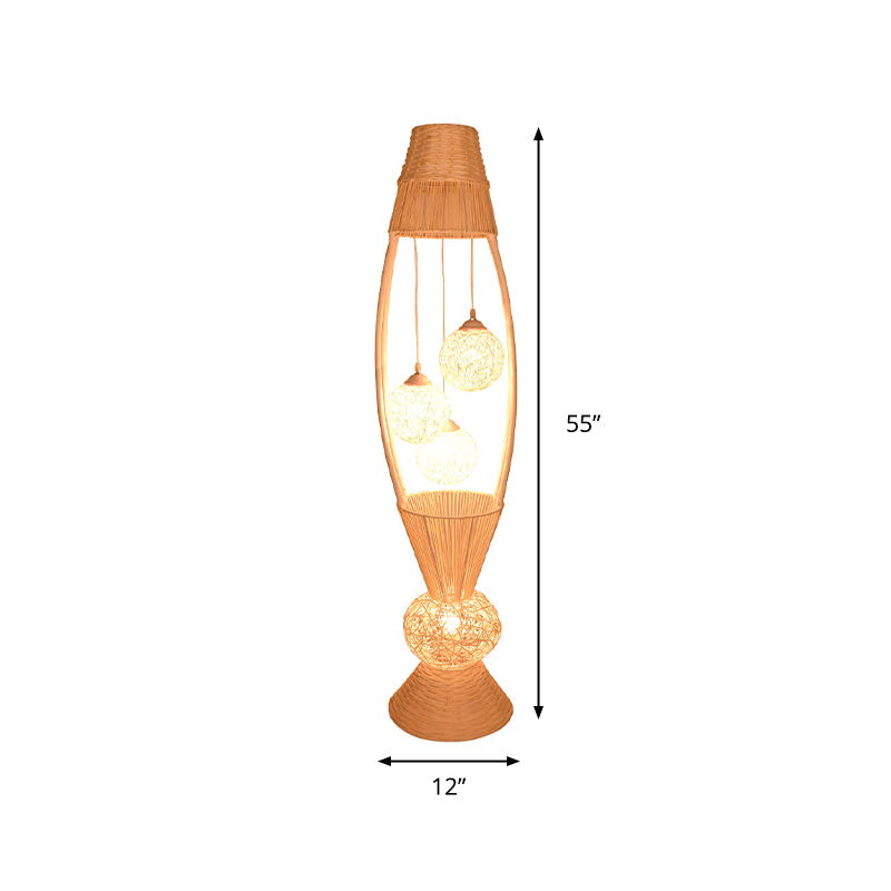Fish Basket Floor Stand Light Art Deco Bamboo Rattan 4 Lights Wood Floor Lamp with Ball Shade for Living Room Clearhalo 'Floor Lamps' 'Lamps' Lighting' 763358