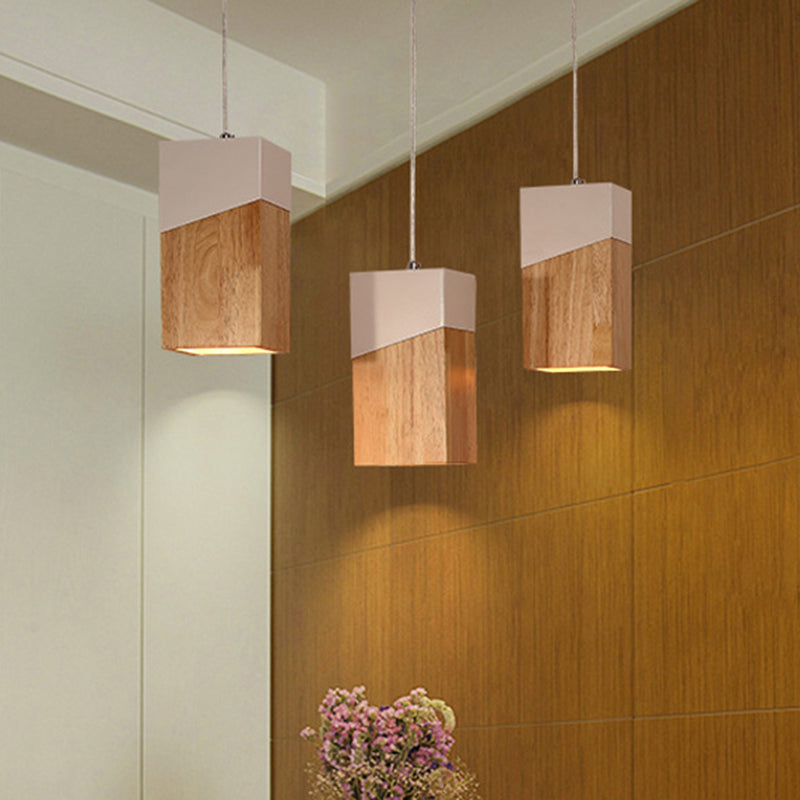 3-Head Study Room Multi Light Pendant Modern Beige and White Suspension Lamp with Cuboid Wood Shade Wood Clearhalo 'Ceiling Lights' 'Modern Pendants' 'Modern' 'Pendant Lights' 'Pendants' Lighting' 763379