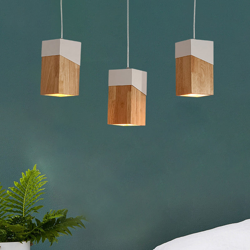 3-Head Study Room Multi Light Pendant Modern Beige and White Suspension Lamp with Cuboid Wood Shade Clearhalo 'Ceiling Lights' 'Modern Pendants' 'Modern' 'Pendant Lights' 'Pendants' Lighting' 763380
