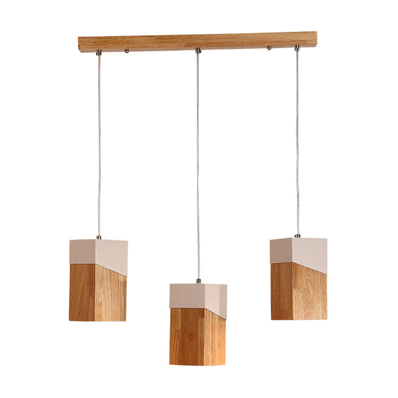 3-Head Study Room Multi Light Pendant Modern Beige and White Suspension Lamp with Cuboid Wood Shade Clearhalo 'Ceiling Lights' 'Modern Pendants' 'Modern' 'Pendant Lights' 'Pendants' Lighting' 763381