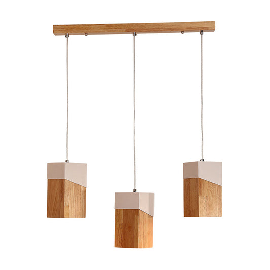 3-Head Study Room Multi Light Pendant Modern Beige and White Suspension Lamp with Cuboid Wood Shade Clearhalo 'Ceiling Lights' 'Modern Pendants' 'Modern' 'Pendant Lights' 'Pendants' Lighting' 763381