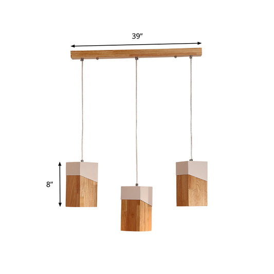 3-Head Study Room Multi Light Pendant Modern Beige and White Suspension Lamp with Cuboid Wood Shade Clearhalo 'Ceiling Lights' 'Modern Pendants' 'Modern' 'Pendant Lights' 'Pendants' Lighting' 763382
