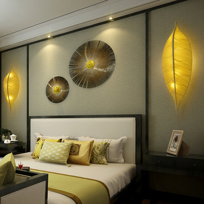 Leaf Shape Wall Light Sconce Art Deco Fabric 3-Bulb Bedside Wall Mounted Lamp in Yellow/Green Yellow Clearhalo 'Cast Iron' 'Glass' 'Industrial' 'Modern wall lights' 'Modern' 'Tiffany' 'Traditional wall lights' 'Wall Lamps & Sconces' 'Wall Lights' Lighting' 763383