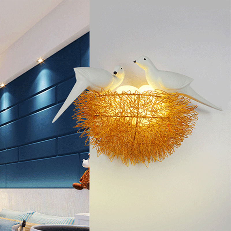 Gold Finish Bird Nest Flush Wall Sconce Art Deco 3 Lights Metal LED Wall Lamp Fixture with White Bird Decor Gold Clearhalo 'Cast Iron' 'Glass' 'Industrial' 'Modern wall lights' 'Modern' 'Tiffany' 'Traditional wall lights' 'Wall Lamps & Sconces' 'Wall Lights' Lighting' 763391