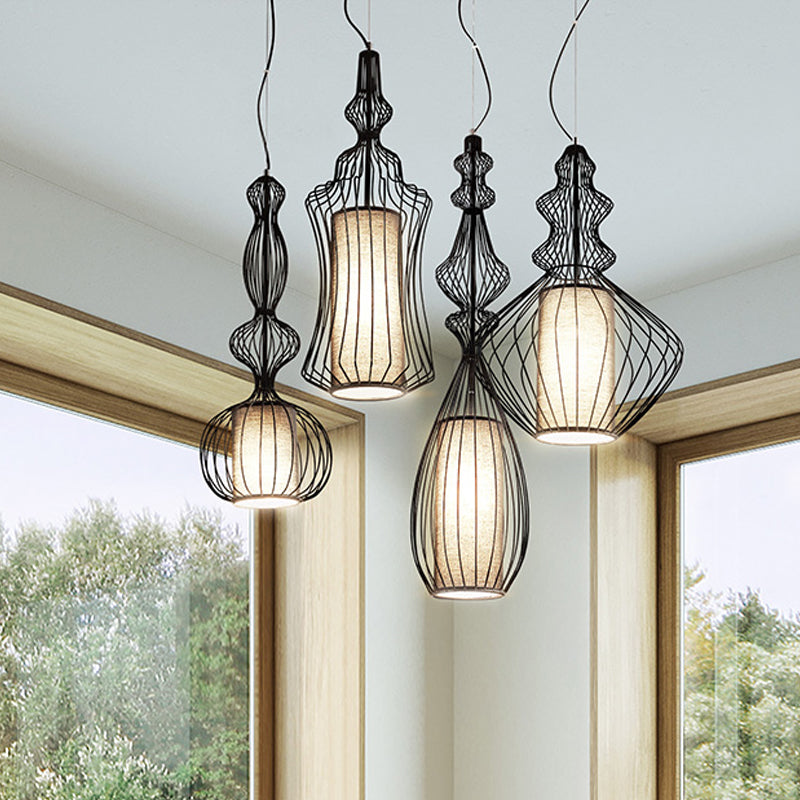 Black Wire Cage Pendant Lamp with Fabric Shade Retro Industrial Metal 1 Light Dining Room Hanging Light Clearhalo 'Art Deco Pendants' 'Black' 'Cast Iron' 'Ceiling Lights' 'Ceramic' 'Crystal' 'Industrial Pendants' 'Industrial' 'Metal' 'Middle Century Pendants' 'Pendant Lights' 'Pendants' 'Rustic Pendants' 'Tiffany' Lighting' 763638