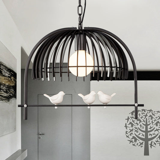 Metal Dome Shade Ceiling Pendant Light with Bird Cage Design Lodge Style 1 Bulb Indoor Hanging Lamp in Black/White Clearhalo 'Art Deco Pendants' 'Black' 'Cast Iron' 'Ceiling Lights' 'Ceramic' 'Crystal' 'Industrial Pendants' 'Industrial' 'Metal' 'Middle Century Pendants' 'Pendant Lights' 'Pendants' 'Rustic Pendants' 'Tiffany' Lighting' 763669