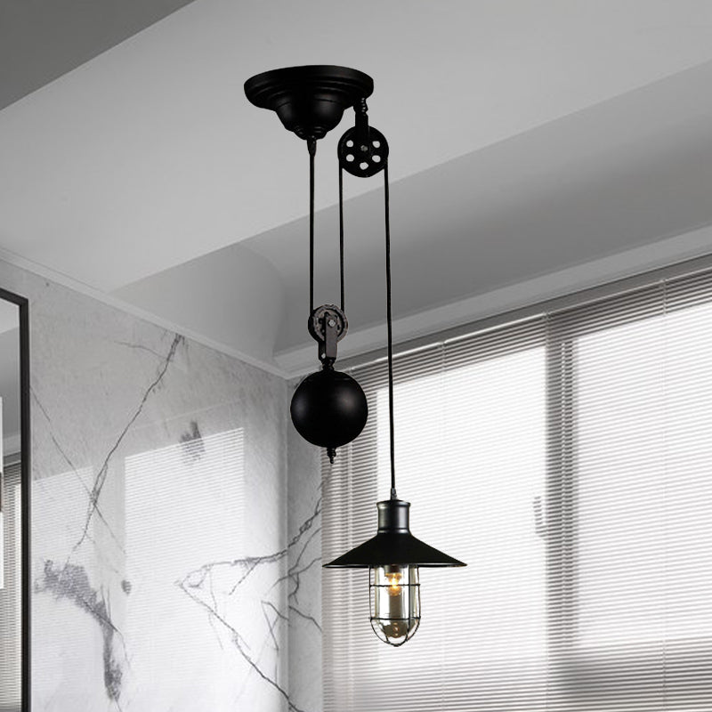 Nautical Style Pulley Pendant Light with Cage Shade 1 Light Metal Kitchen Hanging Lamp in Black Clearhalo 'Art Deco Pendants' 'Black' 'Cast Iron' 'Ceiling Lights' 'Ceramic' 'Crystal' 'Industrial Pendants' 'Industrial' 'Metal' 'Middle Century Pendants' 'Pendant Lights' 'Pendants' 'Rustic Pendants' 'Tiffany' Lighting' 763686