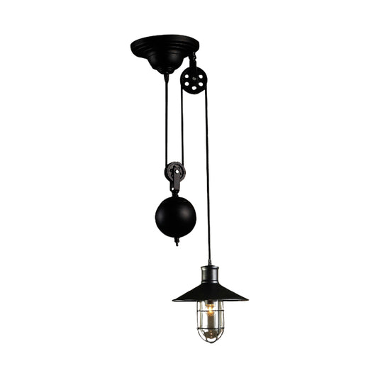 Nautical Style Pulley Pendant Light with Cage Shade 1 Light Metal Kitchen Hanging Lamp in Black Clearhalo 'Art Deco Pendants' 'Black' 'Cast Iron' 'Ceiling Lights' 'Ceramic' 'Crystal' 'Industrial Pendants' 'Industrial' 'Metal' 'Middle Century Pendants' 'Pendant Lights' 'Pendants' 'Rustic Pendants' 'Tiffany' Lighting' 763688