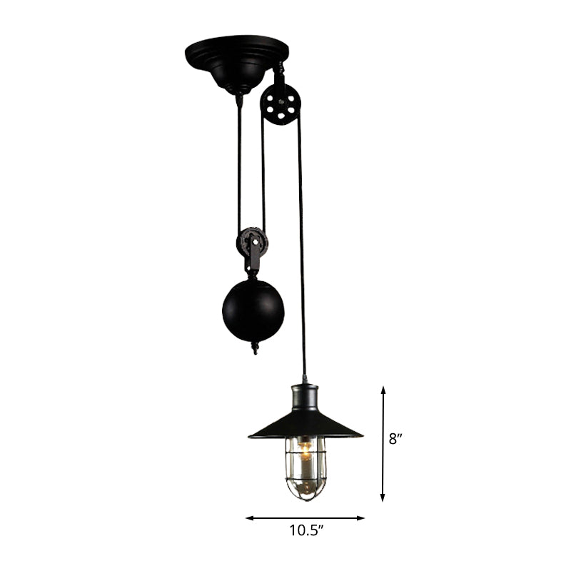 Nautical Style Pulley Pendant Light with Cage Shade 1 Light Metal Kitchen Hanging Lamp in Black Clearhalo 'Art Deco Pendants' 'Black' 'Cast Iron' 'Ceiling Lights' 'Ceramic' 'Crystal' 'Industrial Pendants' 'Industrial' 'Metal' 'Middle Century Pendants' 'Pendant Lights' 'Pendants' 'Rustic Pendants' 'Tiffany' Lighting' 763689