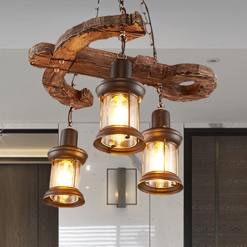 3 Lights Ceiling Light Fixture Coastal Kerosene Clear Glass Pendant Chandelier in Black with Wooden Anchor Clearhalo 'Ceiling Lights' 'Chandeliers' Lighting' options 763705