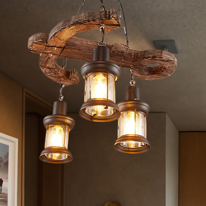 3 Lights Ceiling Light Fixture Coastal Kerosene Clear Glass Pendant Chandelier in Black with Wooden Anchor Clearhalo 'Ceiling Lights' 'Chandeliers' Lighting' options 763707