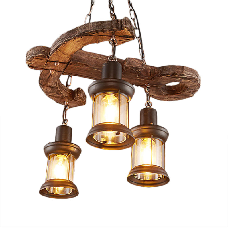 3 Lights Ceiling Light Fixture Coastal Kerosene Clear Glass Pendant Chandelier in Black with Wooden Anchor Clearhalo 'Ceiling Lights' 'Chandeliers' Lighting' options 763708