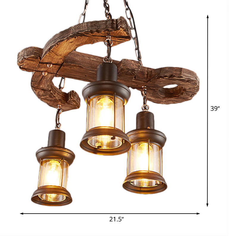 3 Lights Ceiling Light Fixture Coastal Kerosene Clear Glass Pendant Chandelier in Black with Wooden Anchor Clearhalo 'Ceiling Lights' 'Chandeliers' Lighting' options 763709