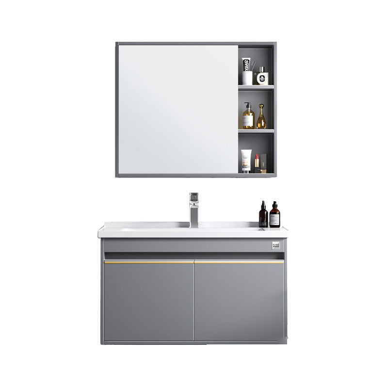 Modern Wall Mount Sink Vanity Wood Bathroom Sink Vanity with Mirror Vanity & Faucet & Mirror Cabinet 35.4"L x 19.7"W x 18.9"H Grey Clearhalo 'Bathroom Remodel & Bathroom Fixtures' 'Bathroom Vanities' 'bathroom_vanities' 'Home Improvement' 'home_improvement' 'home_improvement_bathroom_vanities' 7639933