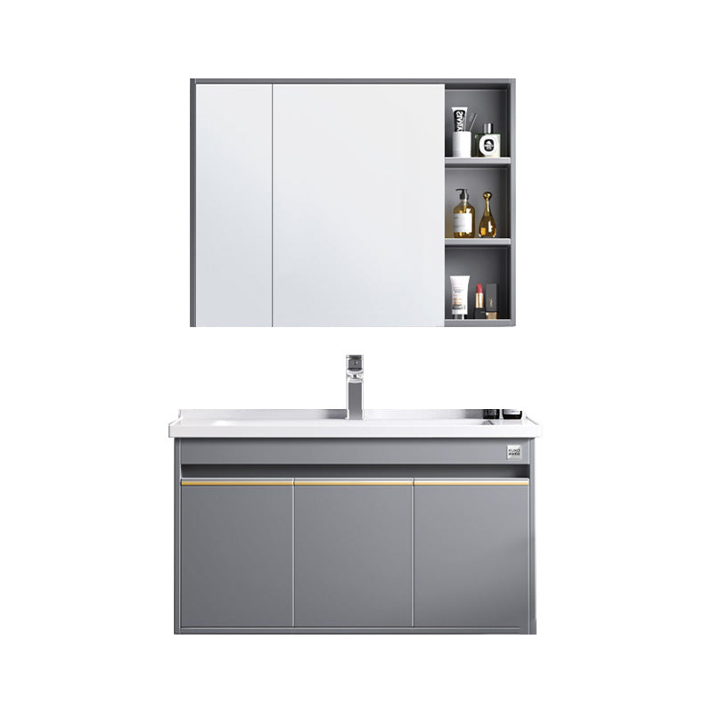 Modern Wall Mount Sink Vanity Wood Bathroom Sink Vanity with Mirror Vanity & Faucet & Mirror Cabinet 39"L x 20"W x 19"H Grey Clearhalo 'Bathroom Remodel & Bathroom Fixtures' 'Bathroom Vanities' 'bathroom_vanities' 'Home Improvement' 'home_improvement' 'home_improvement_bathroom_vanities' 7639935