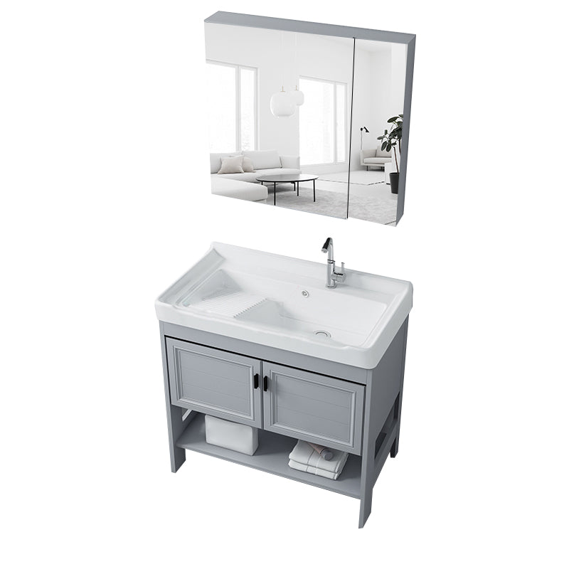 Shelving Included Vanity Grey Single Sink Mirror Freestanding Vanity with 2 Doors Vanity & Faucet & Enclosed Mirror Cabinet Clearhalo 'Bathroom Remodel & Bathroom Fixtures' 'Bathroom Vanities' 'bathroom_vanities' 'Home Improvement' 'home_improvement' 'home_improvement_bathroom_vanities' 7639989