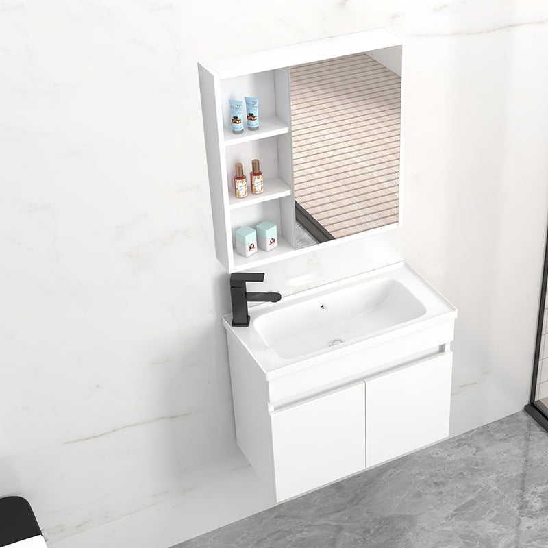 Modern Wall Mount Bathroom Vanity White Ceramic Single-Sink Rectangular Vanity Set Vanity & Faucet & Mirror Cabinet 23.6"L x 11.8"W x 16.5"H Left Clearhalo 'Bathroom Remodel & Bathroom Fixtures' 'Bathroom Vanities' 'bathroom_vanities' 'Home Improvement' 'home_improvement' 'home_improvement_bathroom_vanities' 7640028
