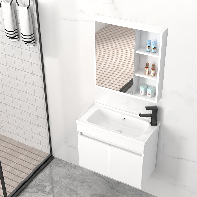 Modern Wall Mount Bathroom Vanity White Ceramic Single-Sink Rectangular Vanity Set Vanity & Faucet & Mirror Cabinet 23.6"L x 11.8"W x 16.5"H Right Clearhalo 'Bathroom Remodel & Bathroom Fixtures' 'Bathroom Vanities' 'bathroom_vanities' 'Home Improvement' 'home_improvement' 'home_improvement_bathroom_vanities' 7640030