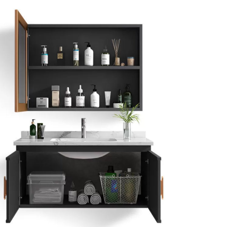 Modern Single Sink Vanity Black Ceramic Bath Vanity with Soft Close Door Clearhalo 'Bathroom Remodel & Bathroom Fixtures' 'Bathroom Vanities' 'bathroom_vanities' 'Home Improvement' 'home_improvement' 'home_improvement_bathroom_vanities' 7640127