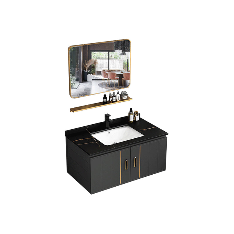 Modern Single Sink Vanity Black Ceramic Bath Vanity with Soft Close Door Vanity & Faucet & Mirrors 31.5"L x 18.5"W x 17.7"H Stone Clearhalo 'Bathroom Remodel & Bathroom Fixtures' 'Bathroom Vanities' 'bathroom_vanities' 'Home Improvement' 'home_improvement' 'home_improvement_bathroom_vanities' 7640132