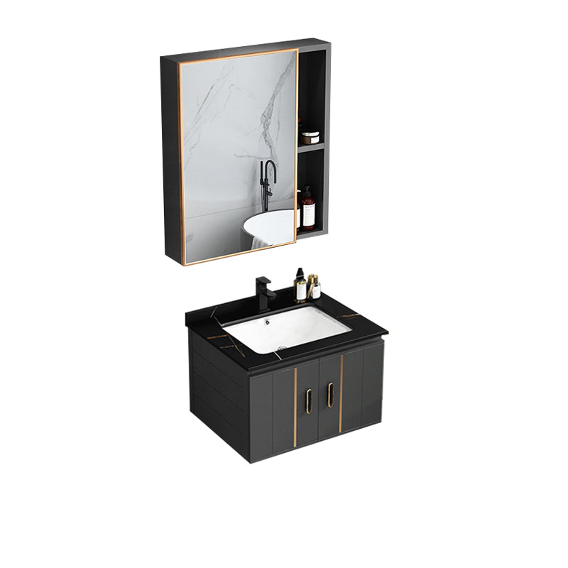 Modern Single Sink Vanity Black Ceramic Bath Vanity with Soft Close Door Vanity & Faucet & Mirror Cabinet 23.6"L x 18.5"W x 17.7"H Stone Clearhalo 'Bathroom Remodel & Bathroom Fixtures' 'Bathroom Vanities' 'bathroom_vanities' 'Home Improvement' 'home_improvement' 'home_improvement_bathroom_vanities' 7640139