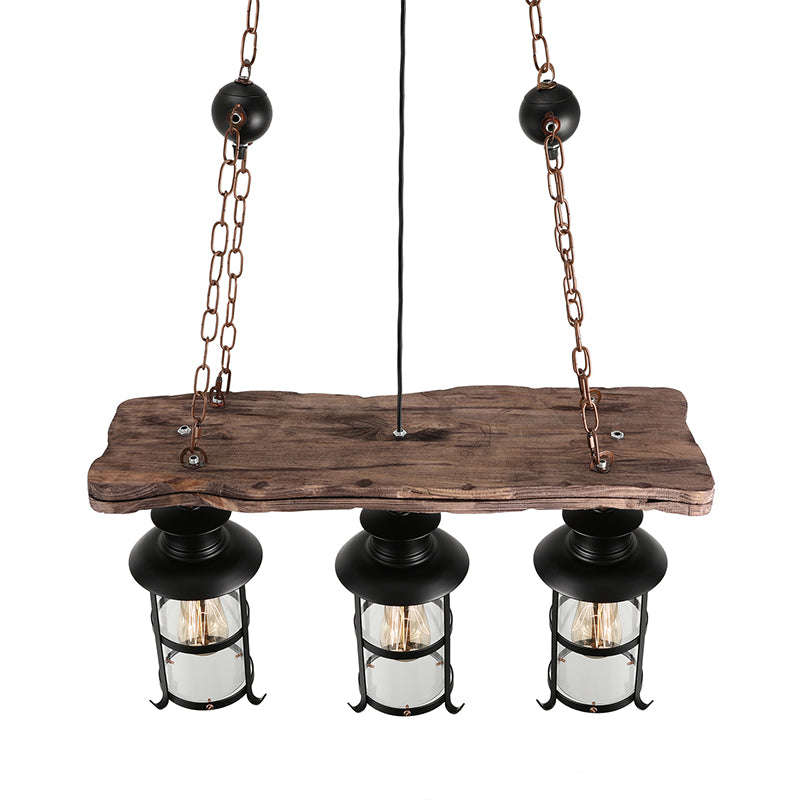 Clear Glass Lantern Island Pendant Light Industrial 2/3 Lights Bar Hanging Lamp in Black with Wood Decoration and Cage Clearhalo 'Ceiling Lights' 'Island Lights' Lighting' 764345