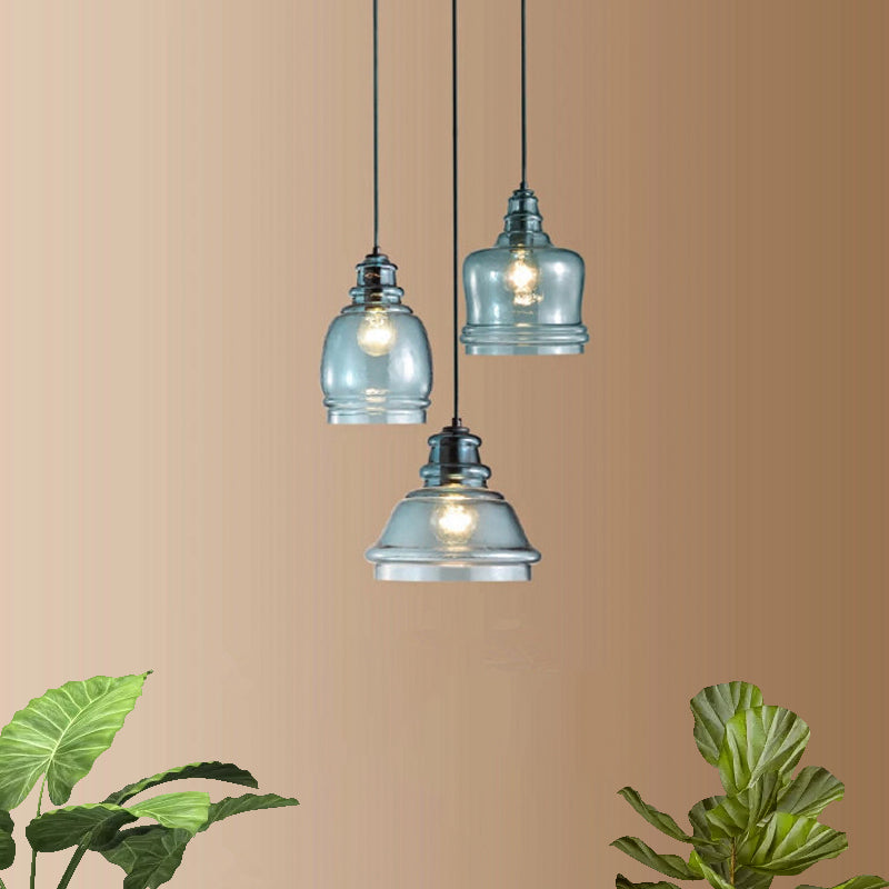 3 Lights Multi Pendant with Different Shade Blue Glass Modern Dining Room Hanging Light Fixture in Black, Round/Linear Canopy Clearhalo 'Ceiling Lights' 'Chandeliers' 'Glass shade' 'Glass' 'Industrial Pendants' 'Industrial' 'Middle Century Pendants' 'Pendant Lights' 'Pendants' 'Tiffany' Lighting' 764359