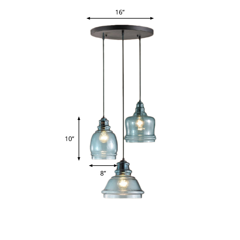 3 Lights Multi Pendant with Different Shade Blue Glass Modern Dining Room Hanging Light Fixture in Black, Round/Linear Canopy Clearhalo 'Ceiling Lights' 'Chandeliers' 'Glass shade' 'Glass' 'Industrial Pendants' 'Industrial' 'Middle Century Pendants' 'Pendant Lights' 'Pendants' 'Tiffany' Lighting' 764361