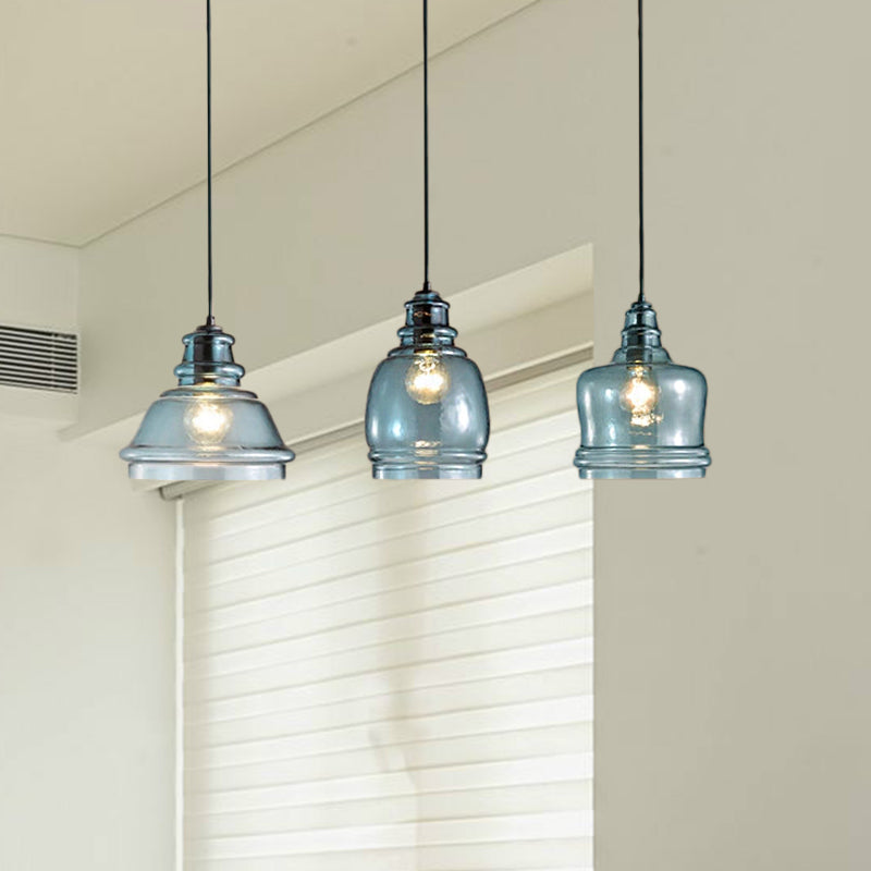 3 Lights Multi Pendant with Different Shade Blue Glass Modern Dining Room Hanging Light Fixture in Black, Round/Linear Canopy Clearhalo 'Ceiling Lights' 'Chandeliers' 'Glass shade' 'Glass' 'Industrial Pendants' 'Industrial' 'Middle Century Pendants' 'Pendant Lights' 'Pendants' 'Tiffany' Lighting' 764363